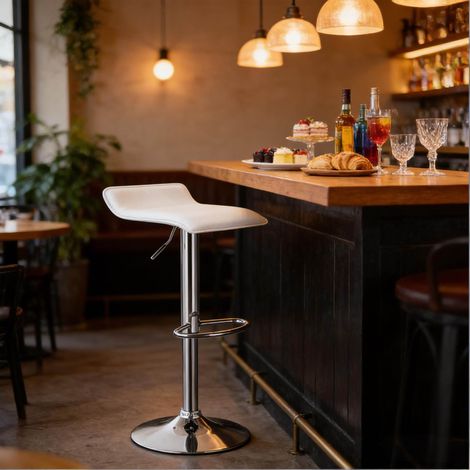 Tabouret de bar pivotant, en simili cuir et acier, réglable en hauteur, avec dossier, blanc (1/5)