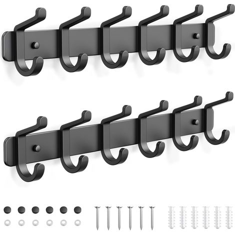 Lot de 2 patères murales à 6 crochets, patères en métal, porte-manteau mural pour vestes, sacs, chapeaux, écharpes, barre de suspension pour chambre, dressing, salle de bain, cuisine (Noir)