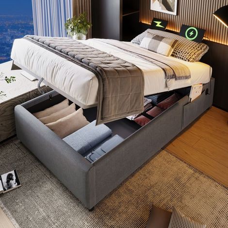 Lit coffre - SINGULARITY - Struraumbett - 90x190 cm - Gris - Ports USB-C intégrés