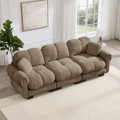 Canapé 3 places modulaire avec 2 coussins, assise matelassée épaisse, dossier ergonomique, chenille marron (1/5)