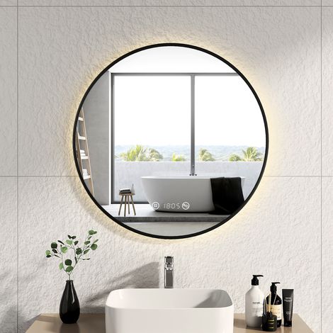 EMKE Espejo de baño LED con interruptor táctil, antivaho, reloj, temperatura, regulable, función de memoria, luz neutra, diámetro 80 cm, marco negro