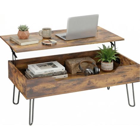 HOMCOM mesa de centro elevable, mesa de café para salón con compartimento oculto, patas de acero para sala de estar, 95x50x40 cm, marrón rústico