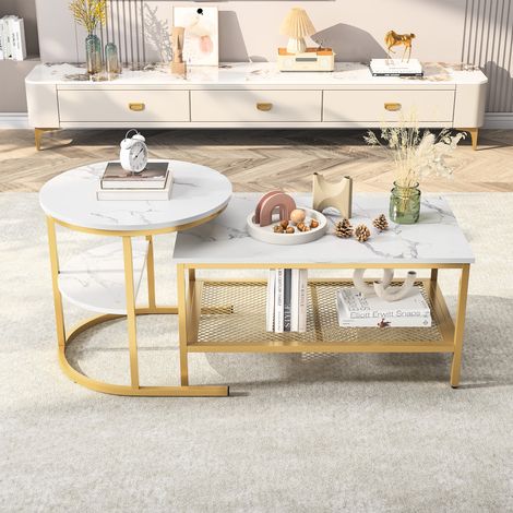 Tavolino da salotto nesting (set da 2) dal design moderno - Tavoli modulari con piano effetto marmo e struttura dorata - Metallo ed effetto marmo - Dorato