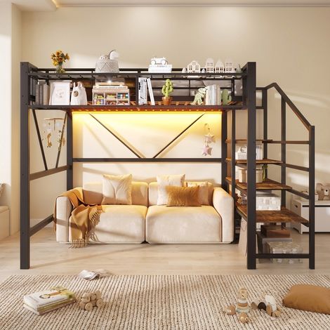 Hochbett 140 x 200 cm aus Metall und MDF, mit LED-Lichtleiste, Schwarz (1/5)