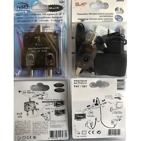 PACK: Amplificateur TV TNT Intérieur 1 ENTREE / 2 Sorties TV À Gain Réglable 15 À 35 DB + alimentation 12V