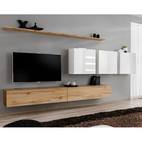 Meuble TV Mural Design "Switch VII" 340cm Naturel & Blanc (1/4)