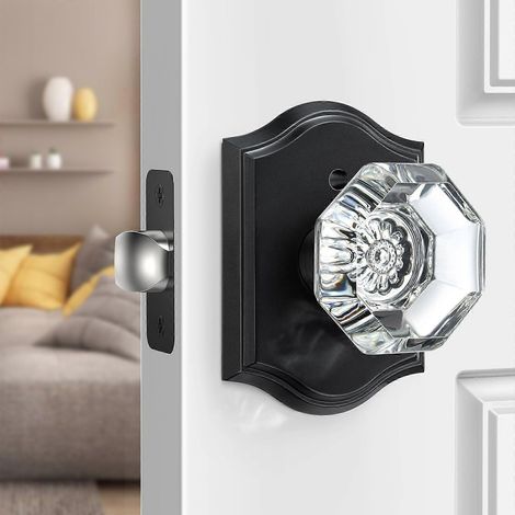 Poignée de porte en cristal noir avec serrure, design vintage en verre noir mat pour chambre ou salle de bain, lot de 1 (1/5)