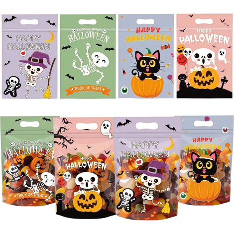 Lot de 50 sacs à friandises réutilisables avec fermeture éclair et poignées, pochettes cadeaux Halloween pour bonbons et fête (1/5)
