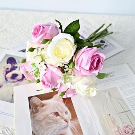 Realistic artificial rose bouquet, 45cm, with 9 heads, for home decor, wedding centerpieces and bridal arrangements (pink) (fuchsia) (1/5)