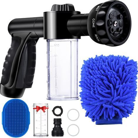 Pistola a spruzzo per tubo da giardino con serbatoio per sapone e 8 tipi di getto, pistola a spruzzo per acqua schiumogena per giardino e lavaggio auto (1/5)