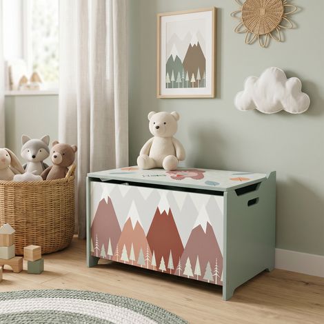 Coffre à jouets MDF vert avec couvercle et fermeture de sécurité, 60x37x39 cm, pour enfants (1/5)