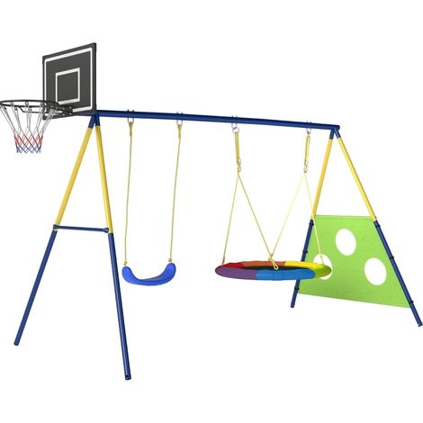Structure de balançoire 4-en-1 avec siège classique, nid d'ange, panier de basket et but de foot – capacité 150 kg, 288 x 160 x 220 cm (1/5)