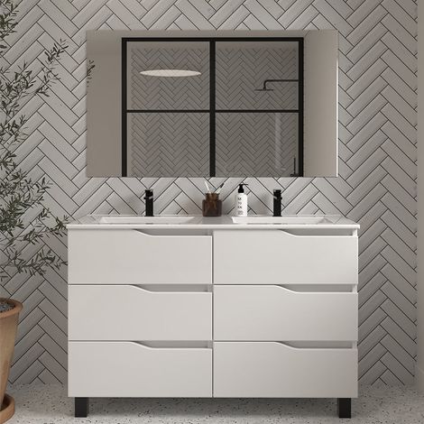 Meuble de salle de bain 140cm double vasque - 6 tiroirs - blanc - MATA (1/5)