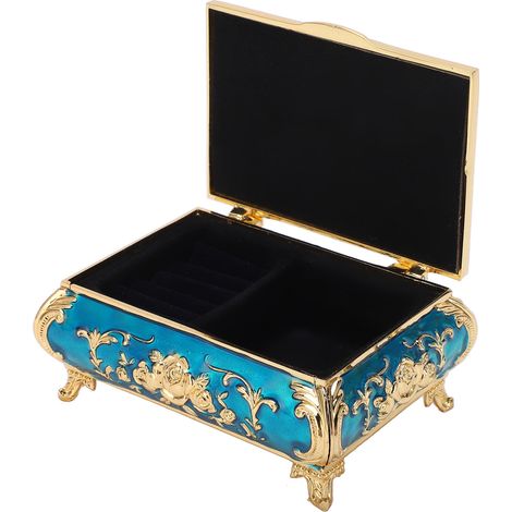 Schmuckkästchen im Vintage-Stil, glänzende Zinklegierung, leuchtende und kräftige Farben, weiches, kratzfestes Samt-Interieur, kleines gold-blaues Schmuckkästchen (1/5)