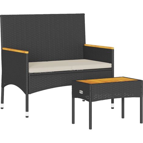 Banc de jardin Banc extérieur Banquette de jardin 2 places avec coussins/table noir résine tressée (1/5)
