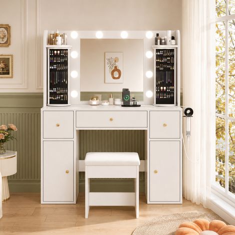 Coiffeuse 115x40x142 cm en panneaux de particules blancs rangement chambre LED réglable - CHICFURN (1/5)