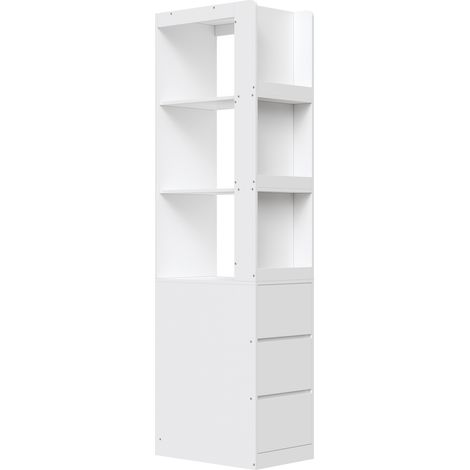 Libreria stretta alta 200 cm con 3 ripiani aperti e 3 cassetti, bianca, 60 x 40 x 200 cm (1/5)