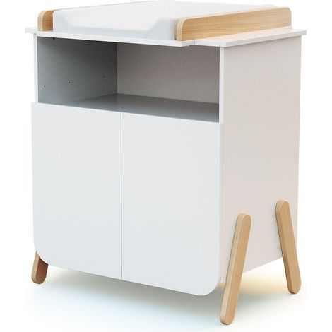WEBABY - Meuble à langer 2 portes, 1 niche en bois PIRATE Blanc et Hêtre (1/5)