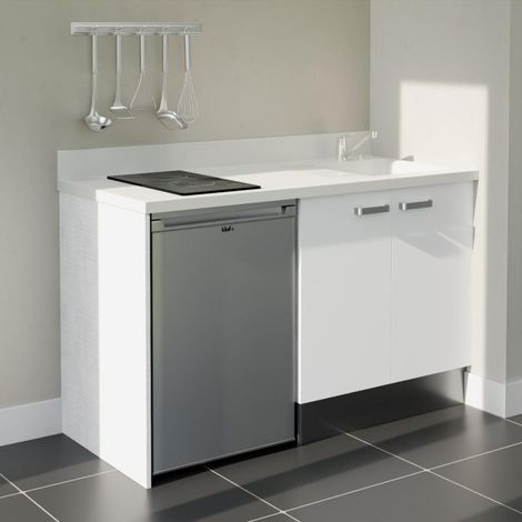 Kitchenette K17L - 140 cm - plan monobloc évier intégré Snova- évier à droite - Façades Blanc + Electroménager inclus coloris Inox
