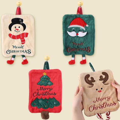 4er-Pack weiche Weihnachtshandtücher, Geschirrtücher mit Weihnachtsmann-Motiv und Aufhängeringen, Geschirrtücher aus Korallenvlies mit Schneemann-Motiv, dekorative Weihnachtshandtücher für Küche und B