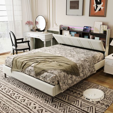 CJHXE Letto matrimoniale imbottito con rete a doghe, struttura del letto, testiera a righe, letto in legno e metallo, beige, 160x200 cm (1/5)