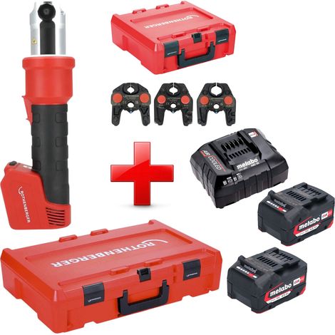 Rothenberger ROMAX NANO Akku Pressmaschine 18 V 34 kN CAS + 2x Akku 4,0 Ah + Ladegerät + 3 tlg. SV Pressbacken Set + Rocase