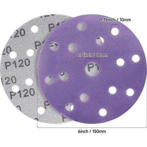 Discos abrasivos de 150 mm, papel de lija de grano 150, 50 piezas, 15 agujeros, discos de lijado para lijadoras orbitales aleatorias (morado) (1/5)