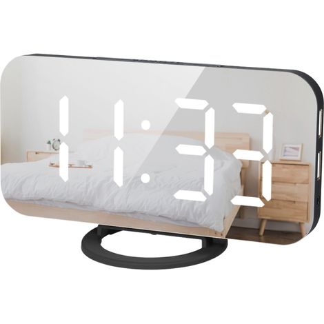 Sveglia a LED bianca di grandi dimensioni, con specchio, funzione snooze e 2 porte USB.