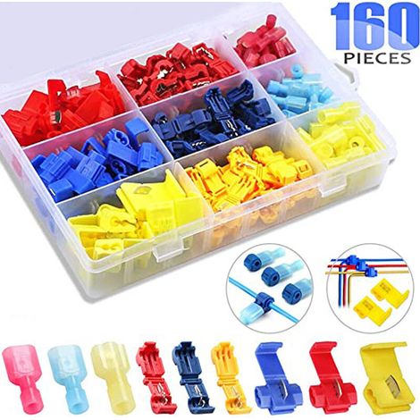 Lntyq 160Pcs Connecteur de fil T-Connecto Rapide de Cosse électrique 60 pcs Connecteur Rapide T-Tap + 60pcs Connecteur Terminal Entièrement Isolé + 40pcs Connecteur Dérivation Rapide (1/4)