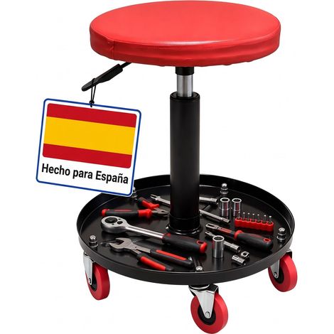 Relaxdays taburete de taller, ajustable en altura, bandeja, 5 ruedas, 42-56x38 cm, metal, rojo (1/5)