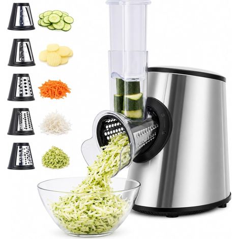 Coupe-Légumes Électrique 5 en 1 800W avec 5 Cônes en Acier Inoxydable, Trancheuse Électrique Multifonction, Râpe Professionnelle, Lavable au Lave‑Vaisselle, pour Légumes, Fruits, Fromage, Gris (1/5)