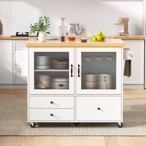 Desserte de cuisine mobile-Table extensible-Avec roulettes et porte-verres-Rangement-Blanc-100x70x91,5(cm) (1/5)