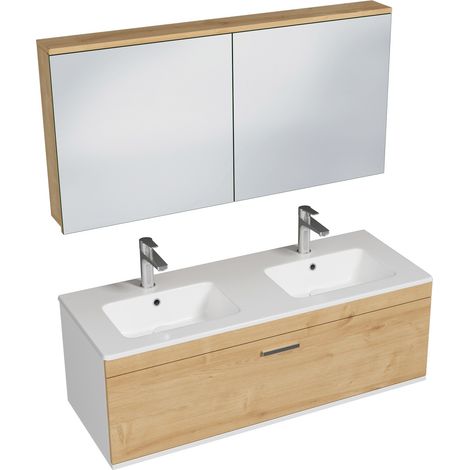 RUBITE Meuble salle de bain double vasque 1 tiroir chêne clair largeur 120 cm + miroir armoire