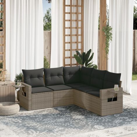 5-tlg. Garten-Sofagarnitur mit Kissen Grau Poly Rattan (1/3)
