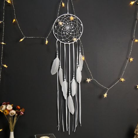 Suspension Murale Macramé - Lune Croissante Étoile Attrape-Rêves avec Pompons Longs - Cordon Coton Blanc - Décoration Bohème pour Chambre Enfant ou Chambre Étudiante - 1 Pièce (1/5)