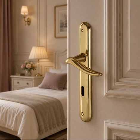 Ouvre&Déco – Poignée de porte intérieure design en laiton poli sur plaque Clé L entraxe 195 mm, MARISA