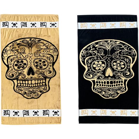 Telo Mare Jacquard Spugna Asciugamano Spiaggia Disegno New Gold Skull, misuraTelo MarecoloreOro (1/5)