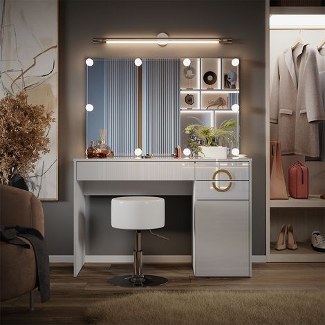 Tocador Adela, Blanco, 115 cm con iluminación LED y taburete, Vicco (1/5)