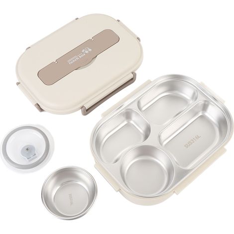 1500 ml Lunchbox aus Edelstahl 316 mit Fächern und Besteck, tragbarer Suppenbehälter, Bento-Box, beige