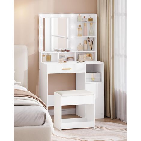 Tabouret de coiffeuse blanc – Chaise rembourrée en pu et particleboard – Dimensions 26x40x40 cm – Confort optimal pour maquillage