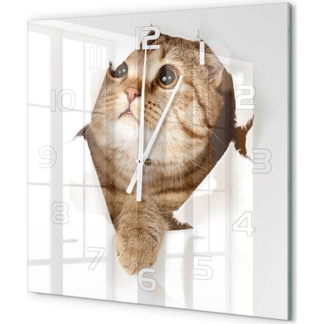 Grande Horloge Murale Carrée Quartz Verre Trempé Design Moderne Salon Chambre Bureau Chat 60x60 cm (1/5)