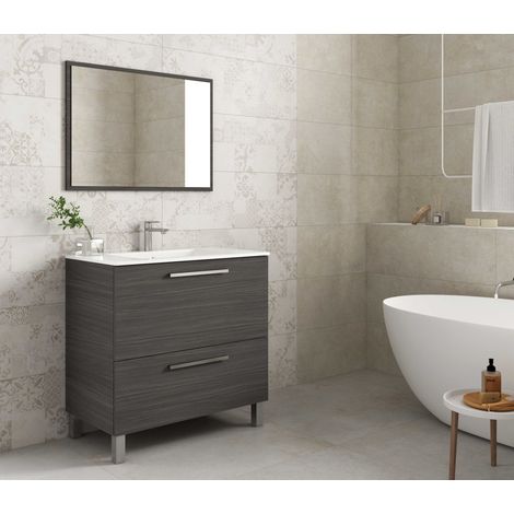 Freistehender Badezimmerschrank 80 cm aschegrau mit Spiegel - Leeds - Esche grau Mit Doppelsäulen und Led - Colore: Grigio cenere - Accessorio: Con lampada Led