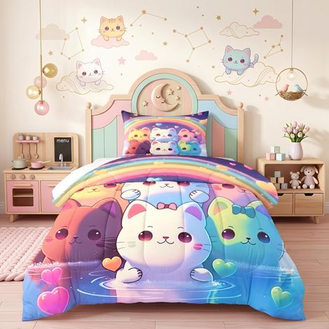 Parure de lit Motif Chat Arc-en-Ciel pour Chambre de Fille Literie pour lit Simple 1 Couette + 1 taie d'oreiller (1/5)