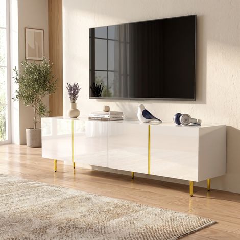 Meuble TV 170x35x46cm 4 Portes Charnières Soft-Close Bois Moderne Blanc (1/5)