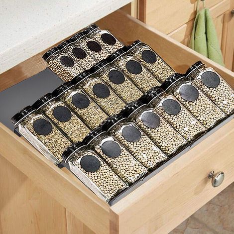 Organisateur d'épices extensible pour placards de cuisine, 23 à 45 cm, réglable, 3 niveaux, pour ranger les pots à épices et les aliments.