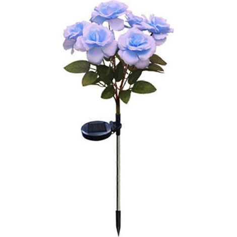 Lampes solaires de jardin avec élégant motif de rose, éclairage solaire extérieur étanche en forme de fleur, bleues à 7 têtes
