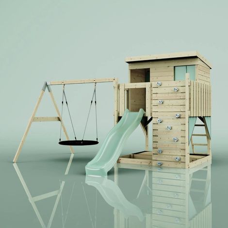 PolarPlay Garden Climbing Platform and Playhouse with Single Swing for Kids - Nils Nest Mint Green