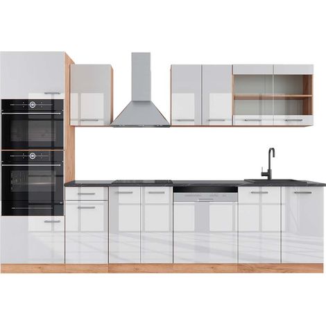 Küchenzeile R-Line, Weiß Hochglanz/Goldkraft Eiche, 300 cm mit Hochschrank, AP Anthrazit, Vicco
