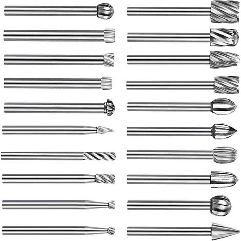 Ensemble de 20 pièces d'accessoires pour le travail du bois : lime rotative en acier rapide argenté, ponceuse électrique, tête de meulage et fraise en bout. (1/4)