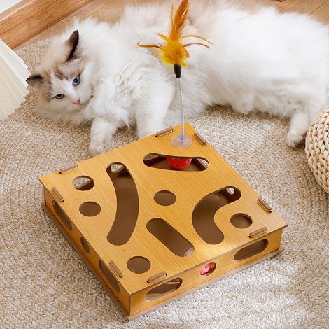Jeu Puzzle pour Chat - Boîte Interactive avec Griffoir, Canne à Plumes et Clochette, Design Ludique en Matériaux Composites (1/4)